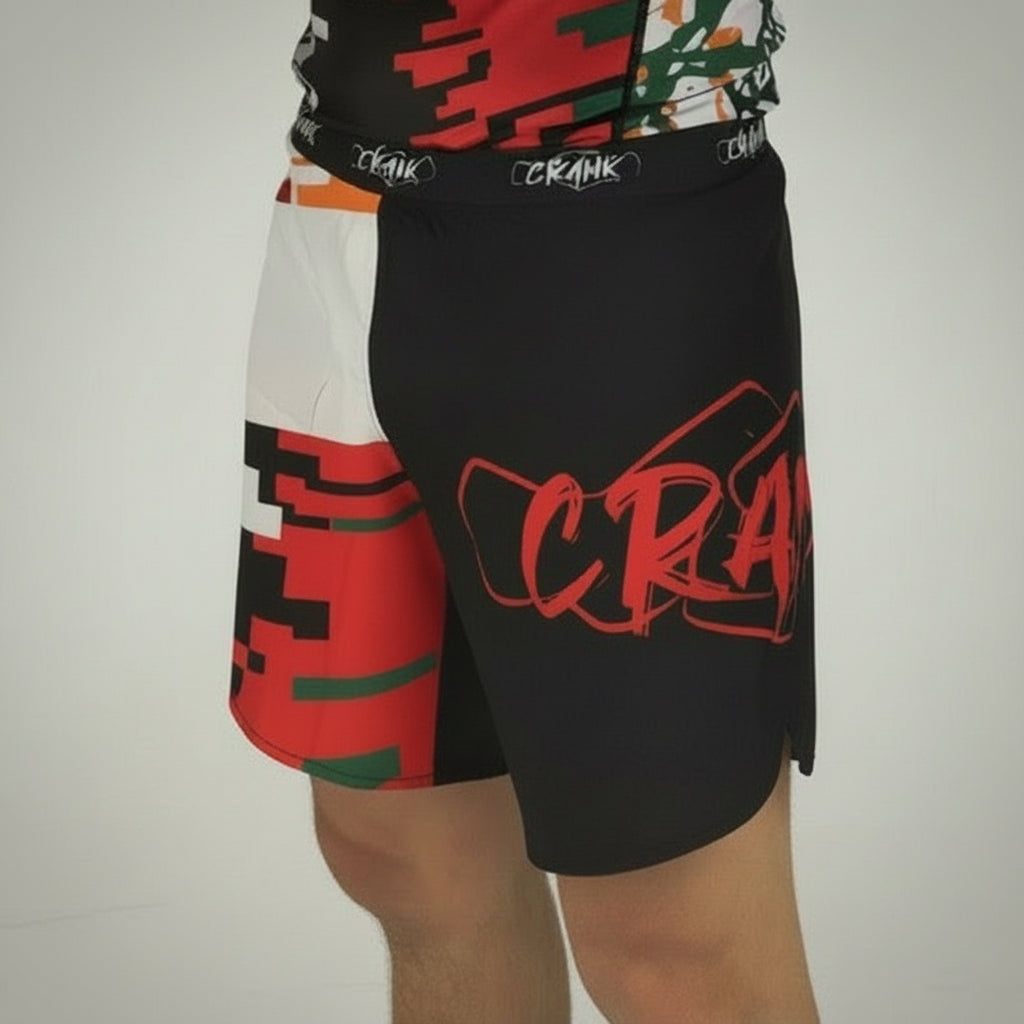 Person wearing a colorful athletic outfit with 'CRANK' branding on a plain background